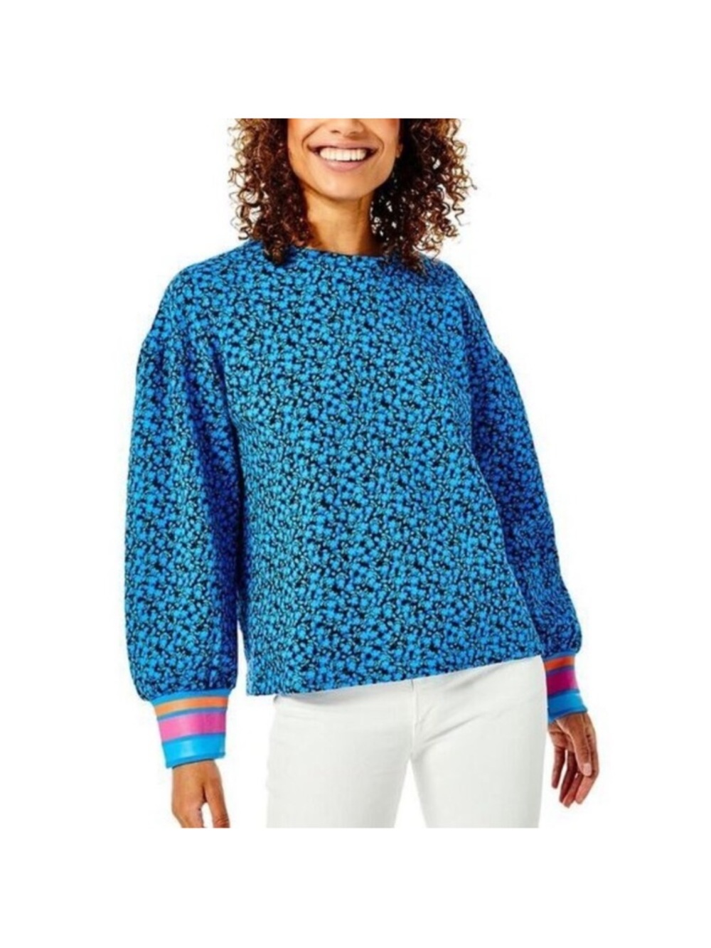 Addison Bay Sconset Pullover Sweatshirt Size Small Crewneck Blue Multi Floral
